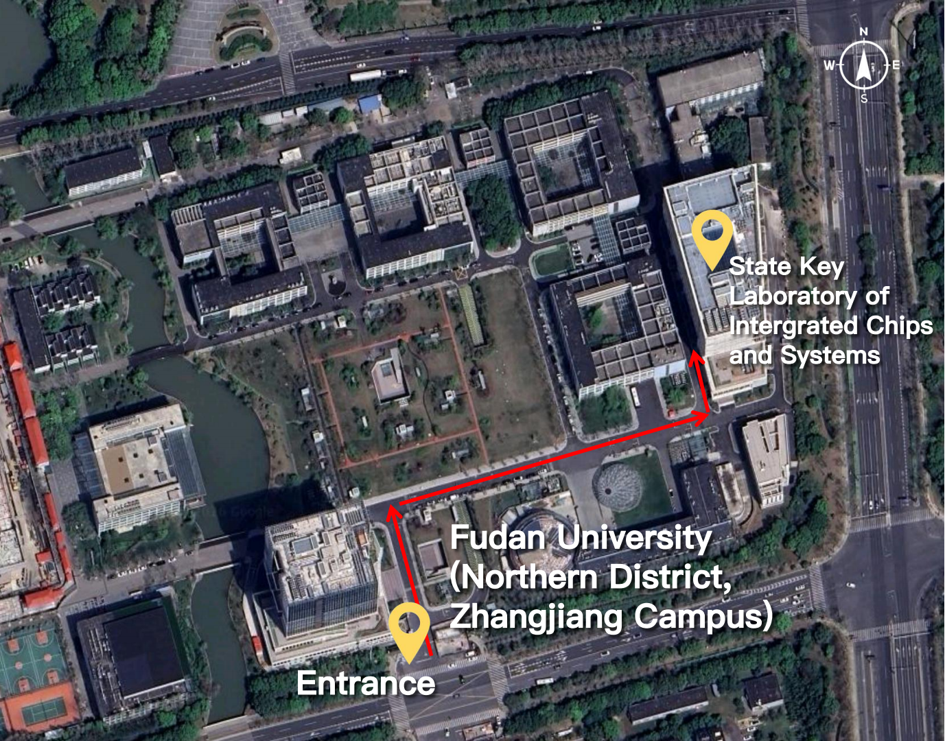 Walking route from the entrance of Fudan University (Zhangjiang Campus) to the State Key Laboratory of Integrated Chips and Systems