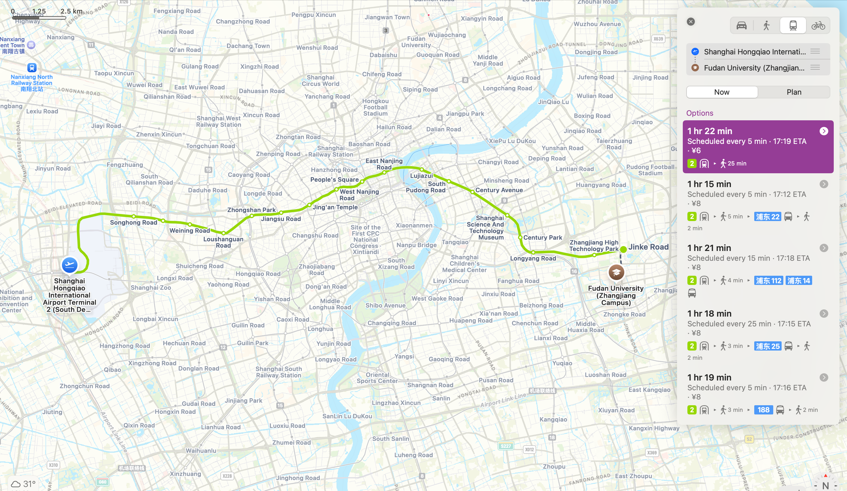 Metro route from Shanghai Hongqiao Airport to Fudan University (Zhangjiang Campus)