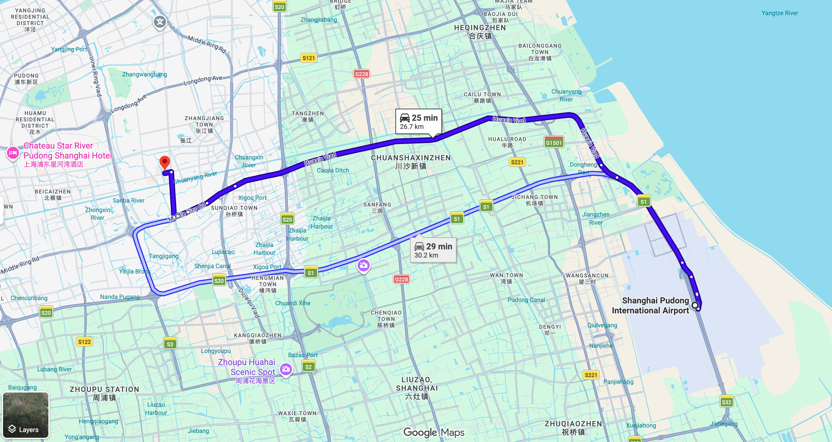 Taxi route from Shanghai Pudong International Airport to Fudan University (Zhangjiang Campus)